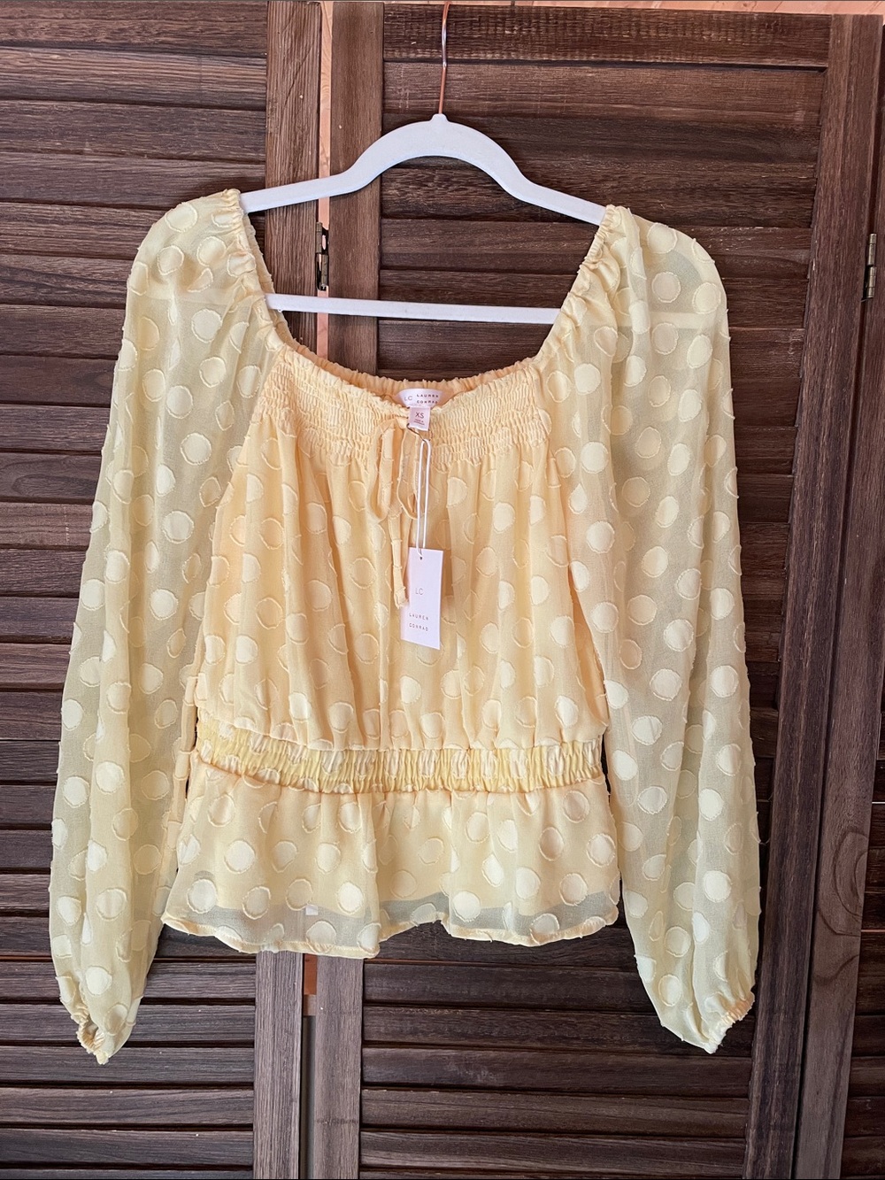 LC Lauren Conrad Pale Yellow Polka Dot Peasant Blouse